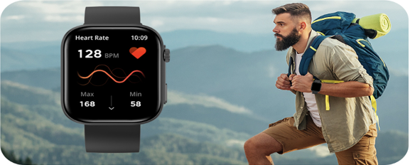 man doing mountain climbing with a smart watch measuring his health