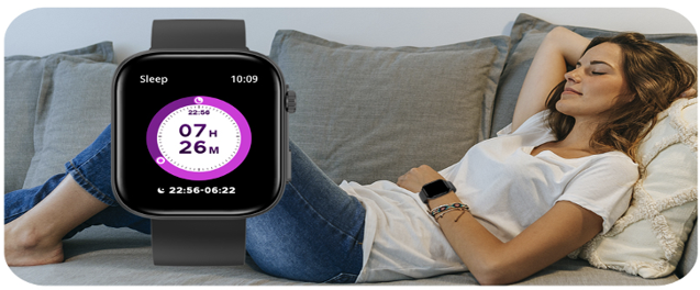 a woman sleeping on a couch with a smart watch